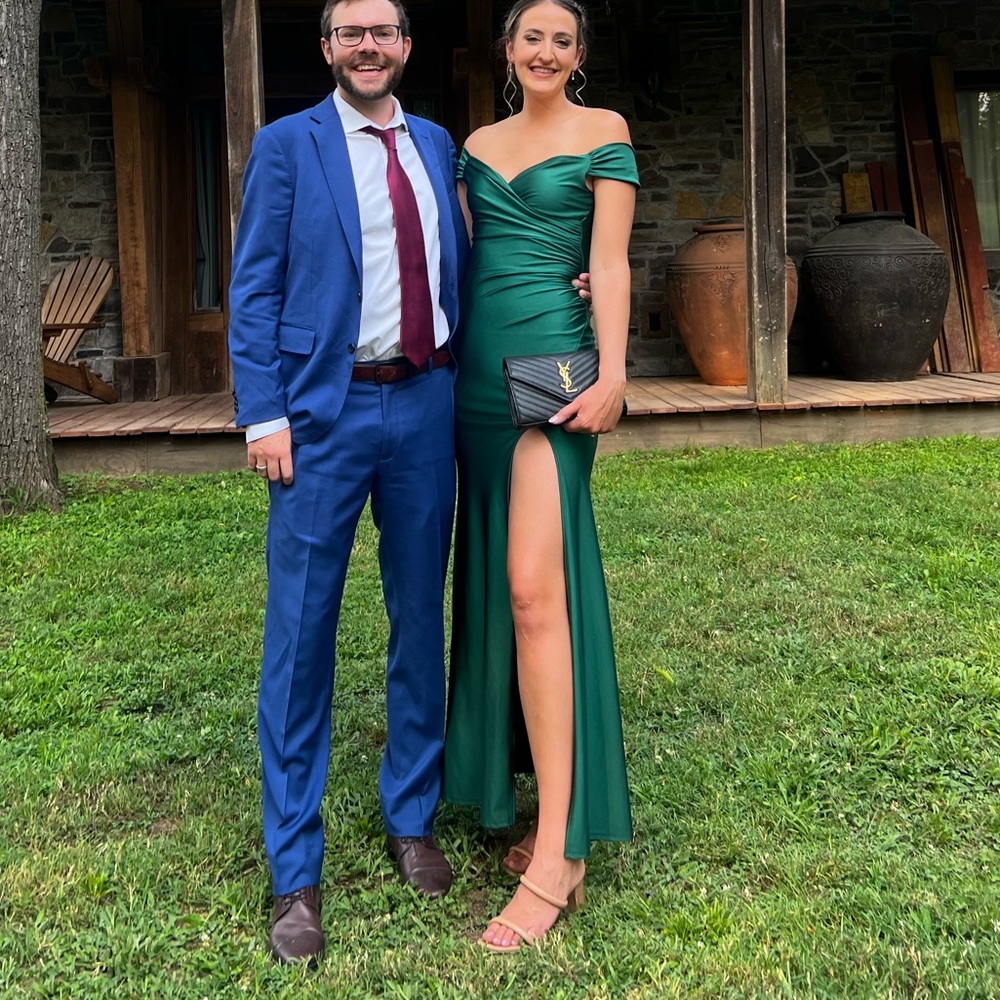 Fashion nova nylon emerald green off the shoulder gown